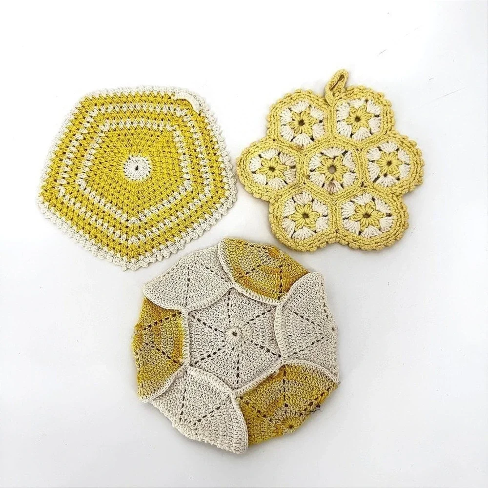 Crochet Cottage Core Potholder Hot Pad Trivets VTG Yellow White Set of 3